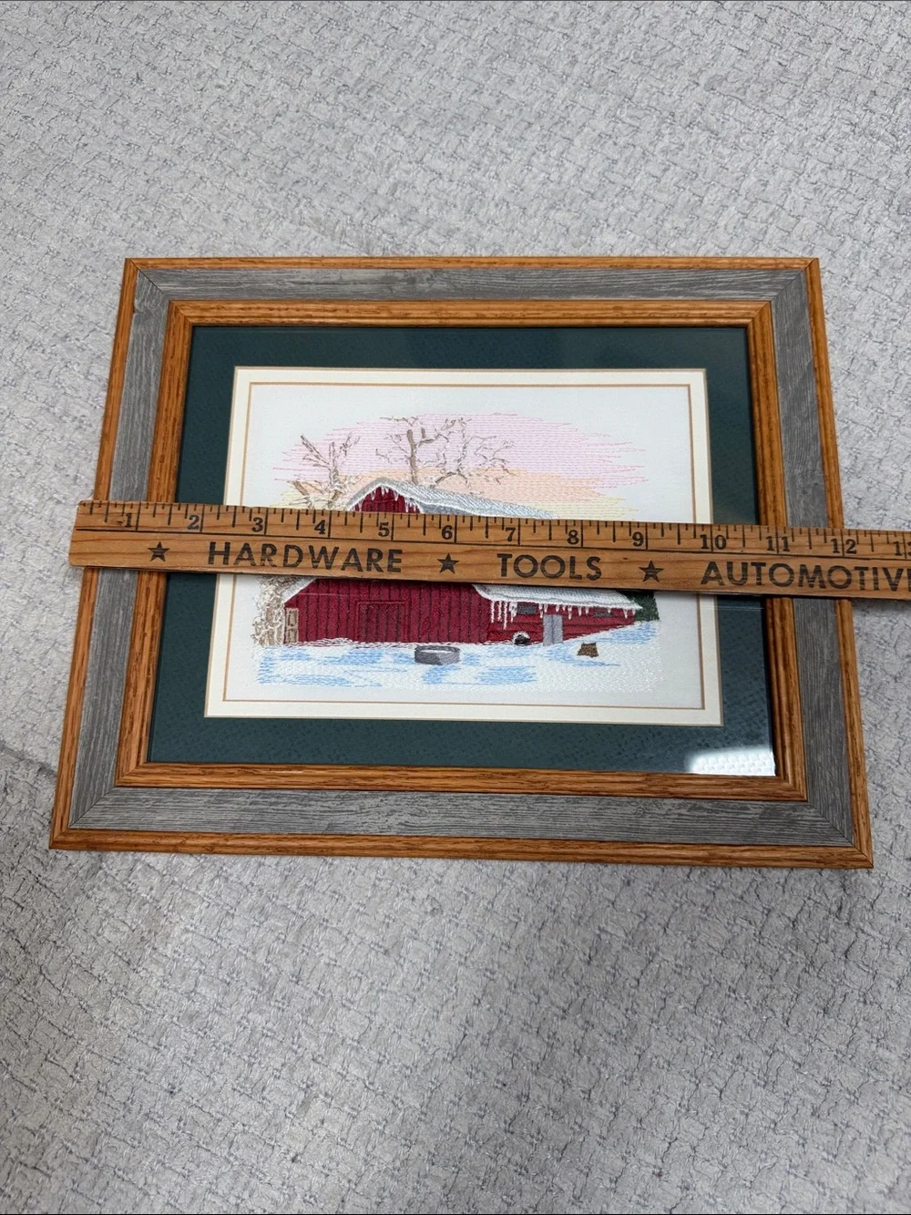 Vtg Needlepoint Embroidered Red Barn Winter Crewel Barn wood Frame Wall Hanging